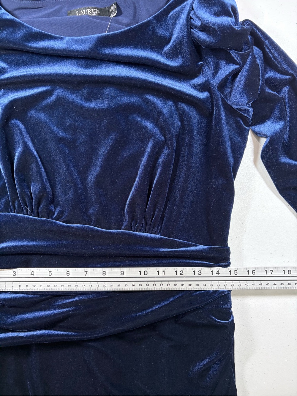 NWT LRL Navy Velvet Long-Sleeve Ruched Evening Sheath Dress (10) - Picture 10 of 16